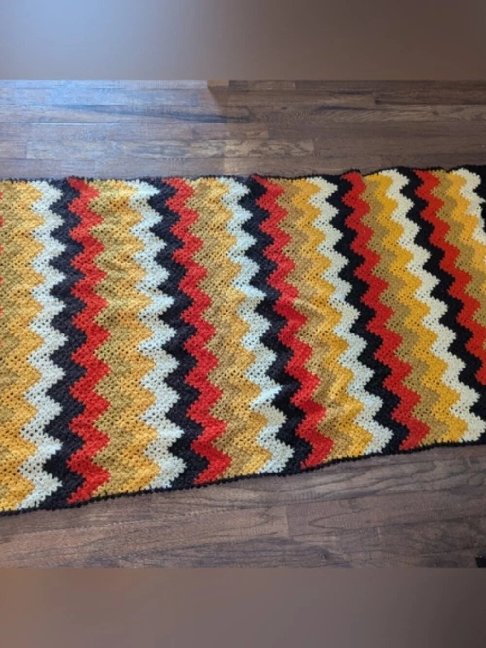 Vintage Chevron Afghan Crocheted Blanket Throw Zig Zag Earthy 70s Retro Groovy